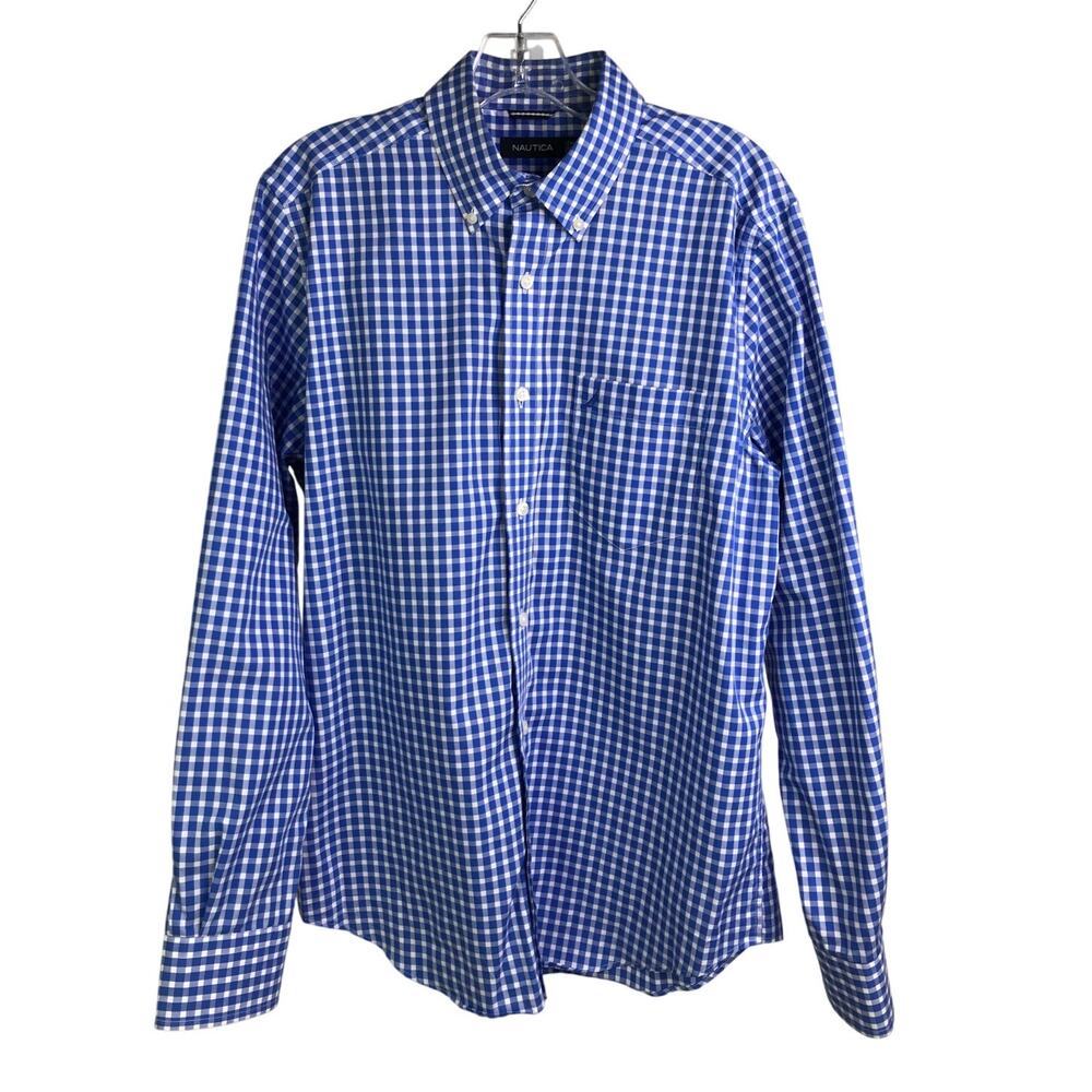 Nautica Button Down Shirt Mens Size Med‎ Blue Gingham Wrinkle Resistant Classic